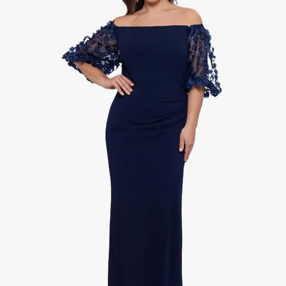 Xscape Blue Off-Shoulder Flutter Sleeve Gown